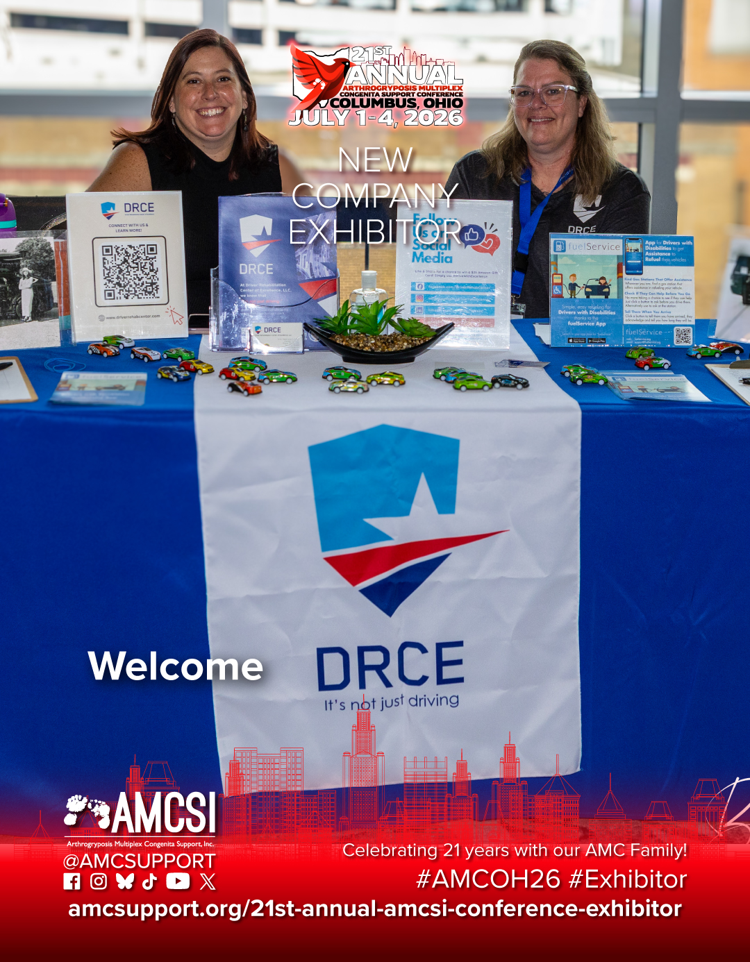 The 21st Annual AMCSI Conference logo is at the top left, with ‘New COMPANY Exhibitor’ written under it with a photo of DRCE’S booth from the past conferecne. In the bottom middle left, it says ‘Welcome’ with the Alora Grove centered under that. At the bottom is the artistic outline of the Columbus, Ohio, skyline in red behind a transparent to crimson red gradient on top of it. In the bottom right is the AMCSI Logo with the FB, IG, BlueSky, TikTok, YouTube & X logos, with @AMCSUPPORT on the bottom left & the hashtags #AMCOH26 #Exhibitor on the bottom right, both in white. Below that is the exhibitor link https://amcsupport.org/21st-annual-amcsi-conference-exhibitor/ to learn more about getting involved.