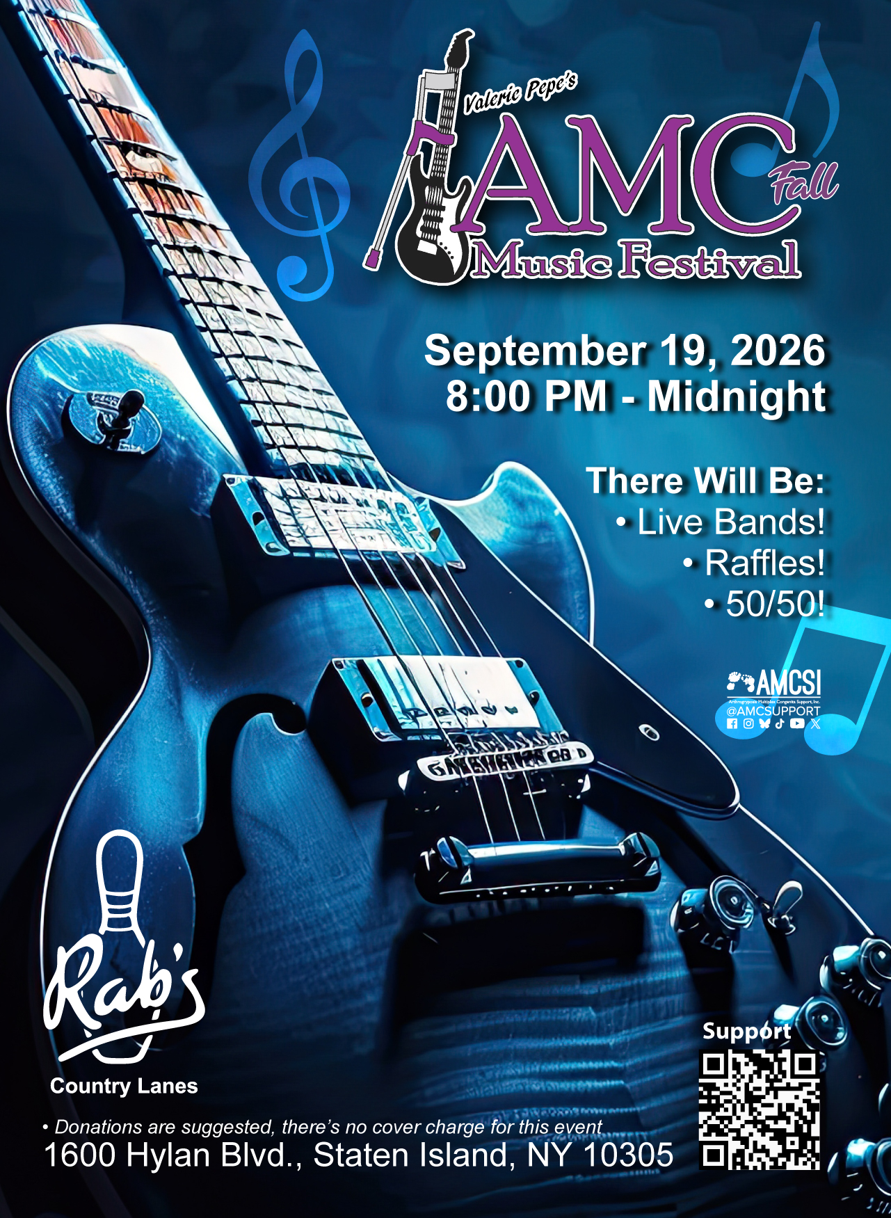 Blue guitar promotional flyer for Valerie Pepe's AMC Fall Music Festival on September 19, 2026, benefiting AMCSI with live bands, raffles, and donations.