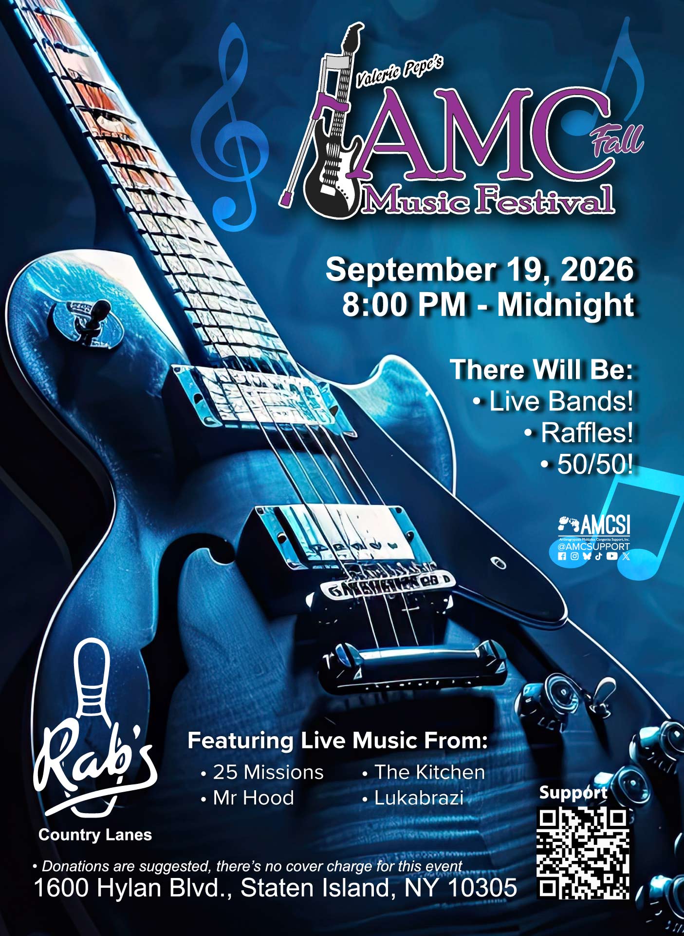 Valerie Pepe’s AMC Fall Music Festival at Rab’s Country Lanes in Staten Island on September 19, 2026, featuring live music from 25 Missions, The Kitchen, Mr Hood, and Lukabrazi, plus raffles and a 50/50 drawing to support AMCSI.